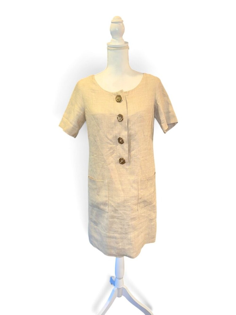Oscar De La Renta Beige Linen Blend Button-Front Dress Size 6
